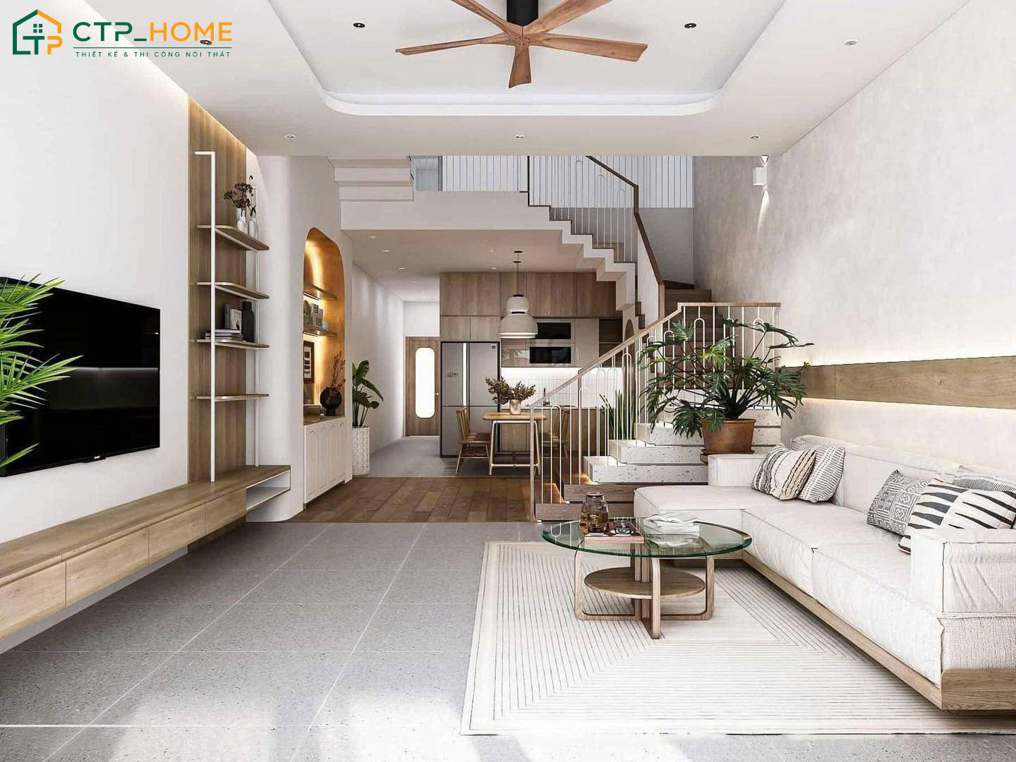 Mẫu phòng khách nhà ống được decor đơn giản, mang thiên nhiên vào nhà tạo không khí trong lành