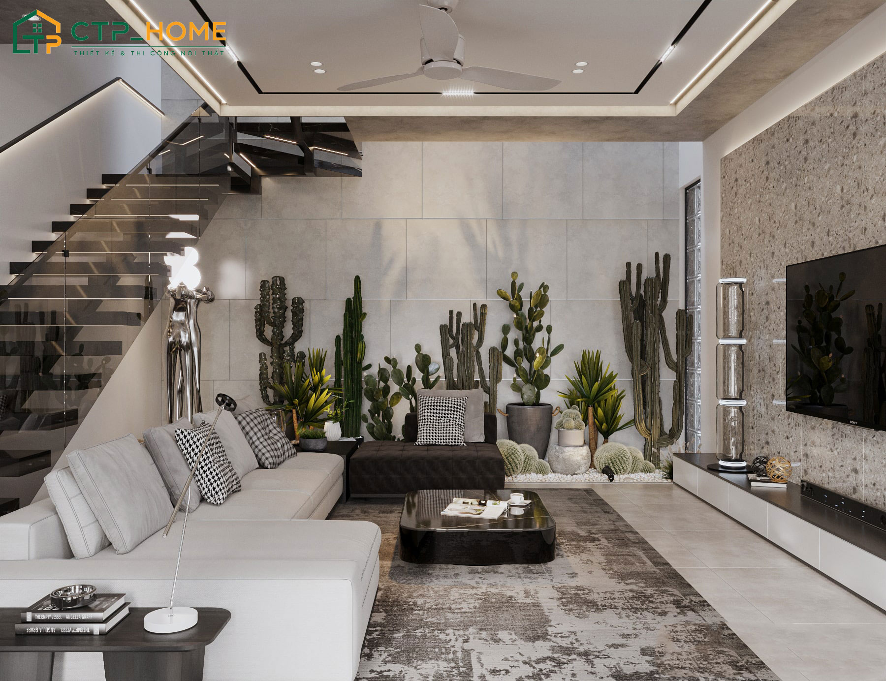 Mẫu phòng khách nhà ống 25m2 với cách thiết kế phá cách kết hợp đèn downlight âm trần