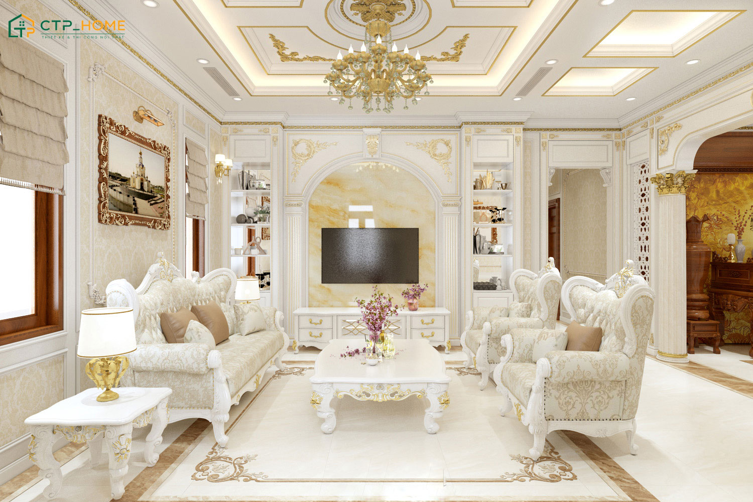 Mẫu thiết kế nội thất phòng khách biệt thự tân cổ điển với bộ sofa bằng da làm điểm nhấn