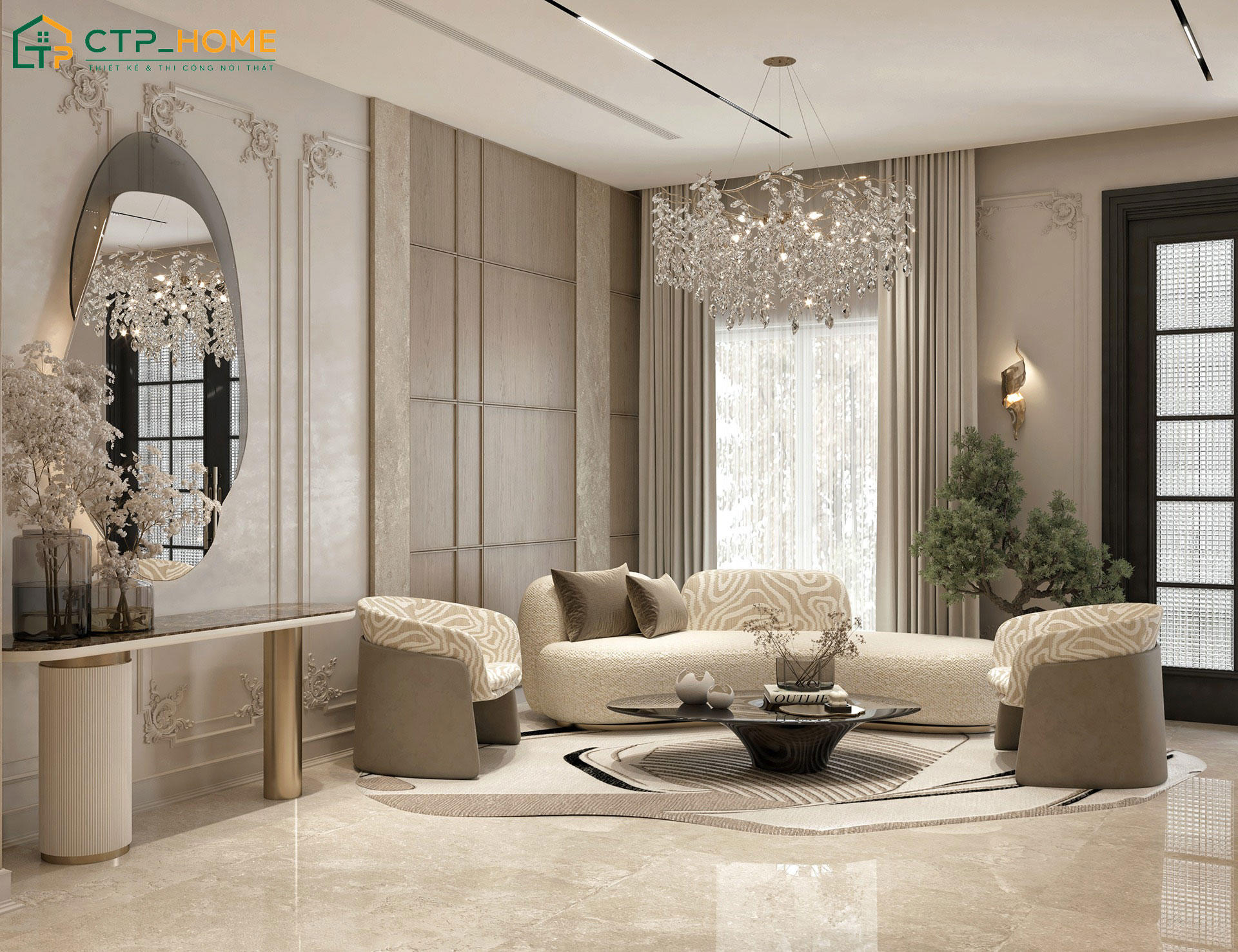 Mẫu phòng khách tân cổ điển cho biệt thự sang trọng với đồ nội thất được thiết kế riêng
