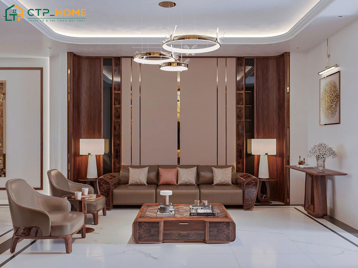 Mẫu phòng khách gỗ óc chó tận dụng ánh sáng để làm nổi bật lên tông màu trầm ấm đặc trưng