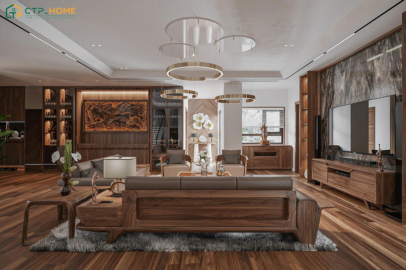Mẫu phòng khách đẹp đẳng cấp với bộ sofa gỗ óc chó nguyên khối sở hữu đường vân tự nhiên