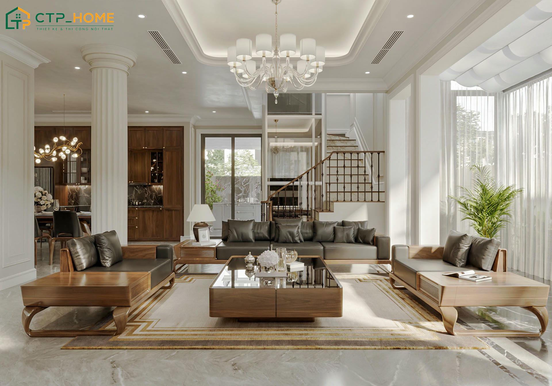 Mẫu phòng khách biệt thự bố trí thêm cây xanh giúp thanh lọc không khí và tạo điểm nhấn