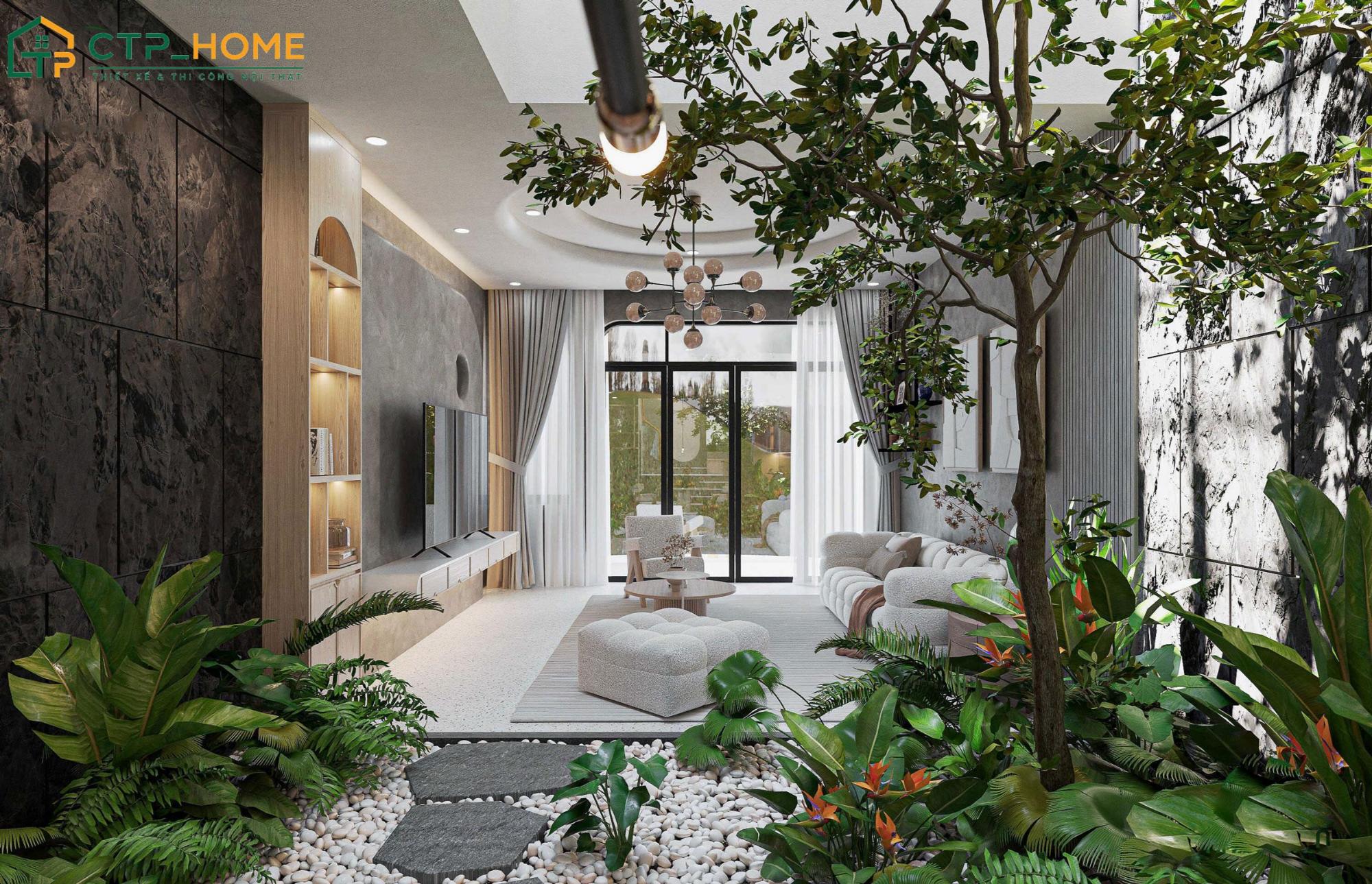 Mẫu trang trí nội thất phòng khách đẹp cho biệt thự sở hữu giếng trời rộng lớn