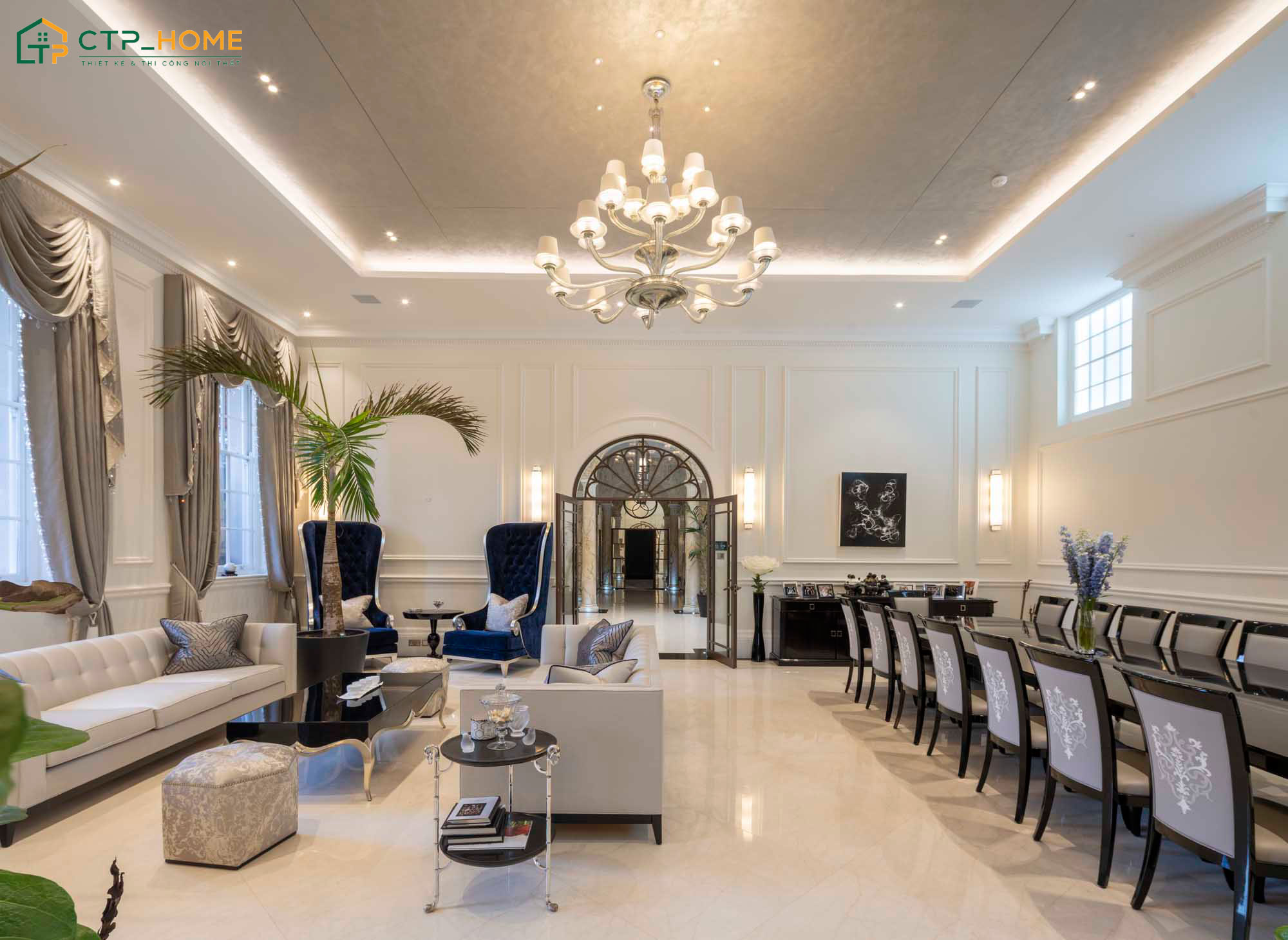 Mẫu phòng khách cho siêu biệt thự được bố trí liên thông với khu vực phòng ăn cực kỳ tiện nghi