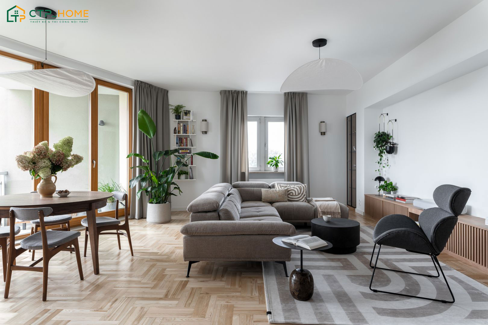 Mẫu nội thất phòng khách nhà cấp 4 đơn giản được kết hợp xen kẽ cây xanh