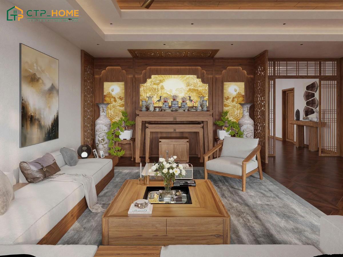 Mẫu nội thất trang trí phòng khách nhà cấp 4 đẳng cấp với hệ bàn thờ nhị cấp trang nghiêm