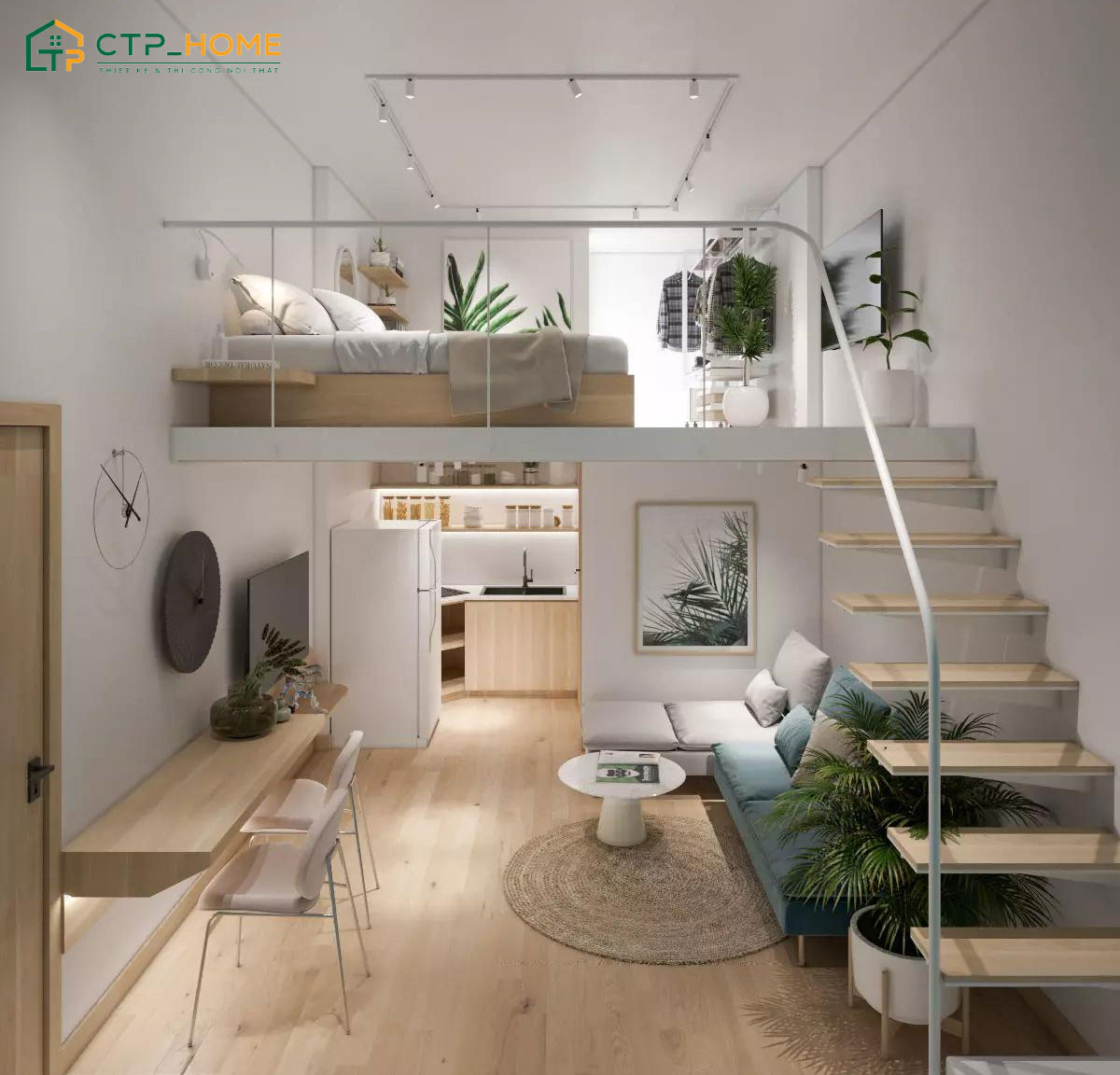 Mẫu phòng khách nhà cấp 4 có gác lửng giúp tăng thêm diện tích sử dụng
