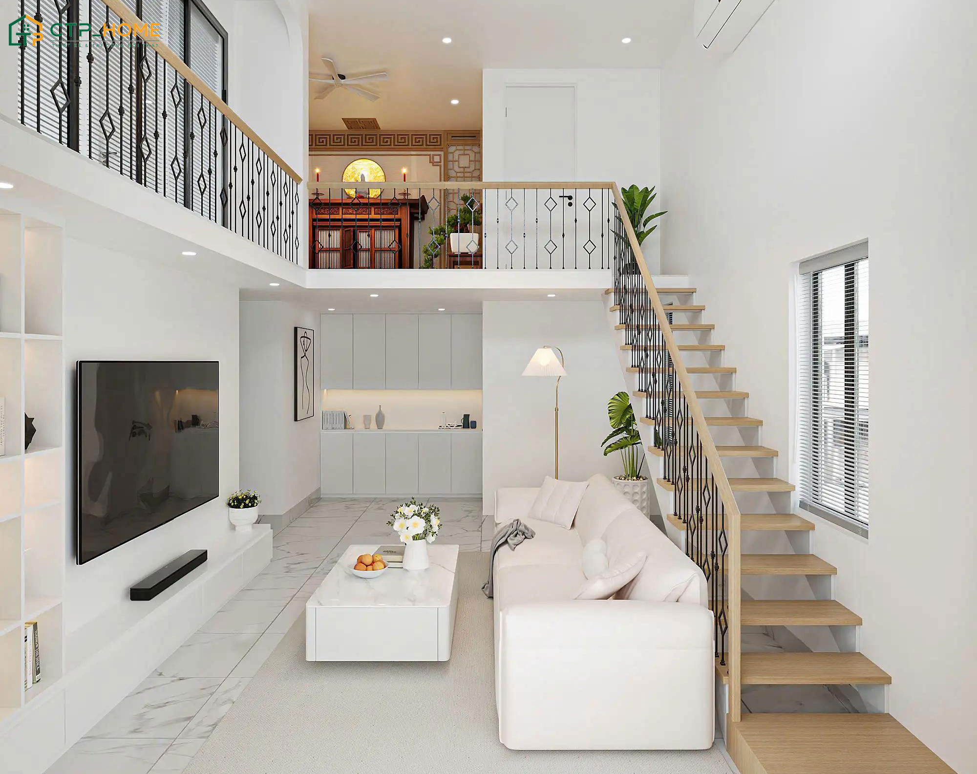 Mẫu phòng khách nhà cấp 4 có gác lửng hiện đại sẽ chỉ tập trung vào món đồ nội thất cơ bản