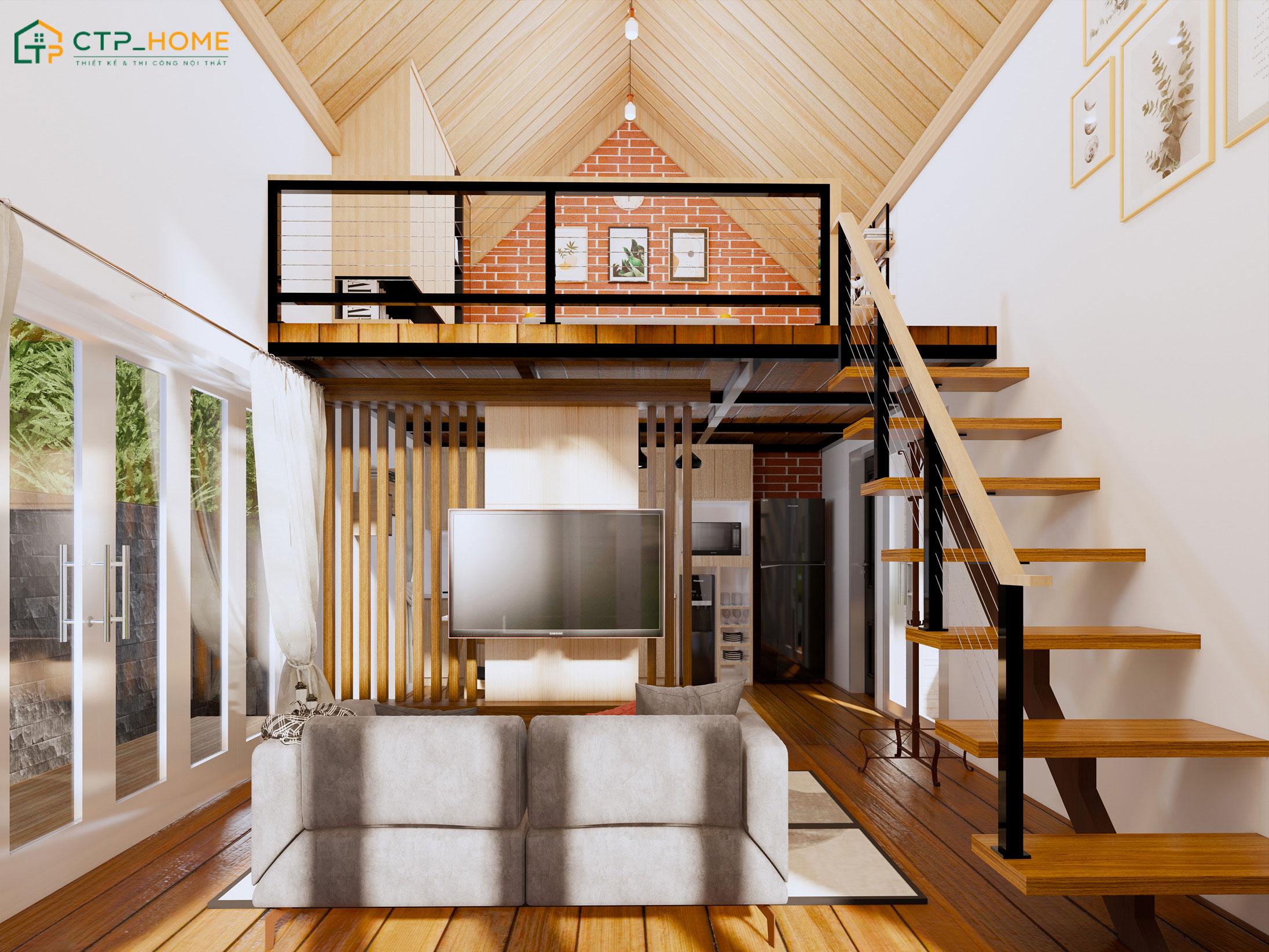 Mẫu phòng khách cho nhà cấp 4 có gác lửng sẽ tận dụng tối đa ánh sáng tự nhiên