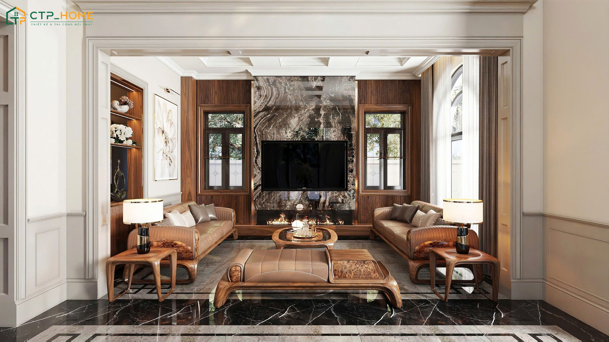 Mẫu phòng khách nhà cấp 4 bằng gỗ tự nhiên cao cấp kết hợp với hệ sofa da sang trọng