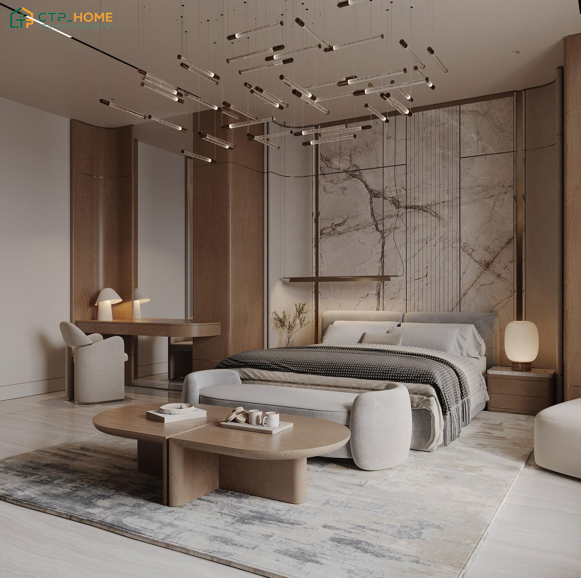 Sử dụng hệ đèn chùm độc đáo giúp căn phòng ngủ trở nên có điểm nhấn hơn