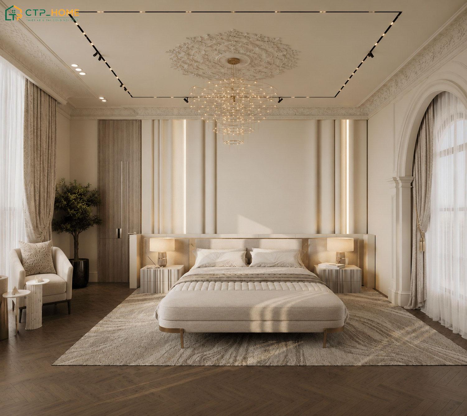 Mẫu thiết kế phòng ngủ phong cách tân cổ điển sẽ tạo điểm nhấn bằng các chi tiết phào chỉ độc đáo