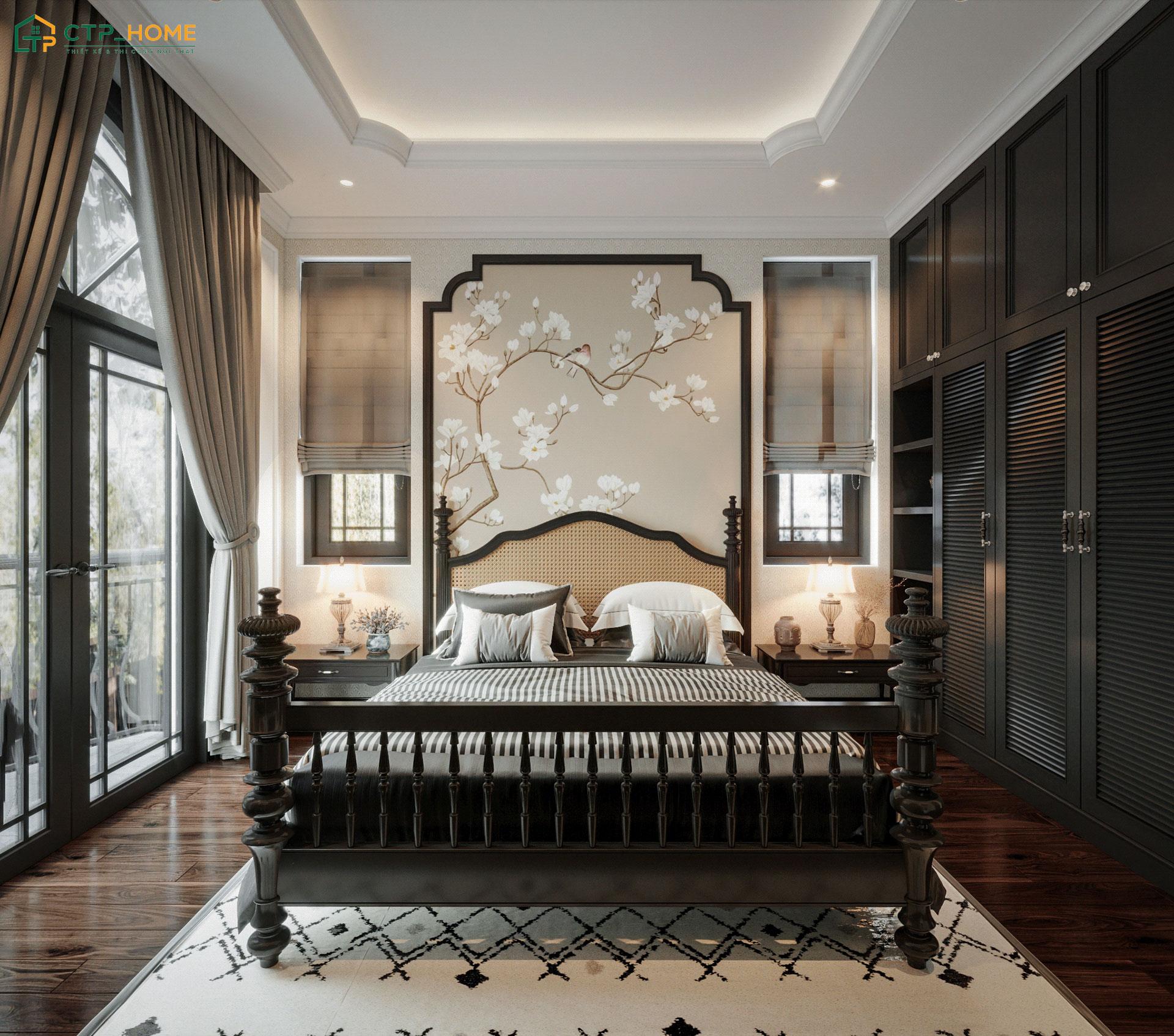 Mẫu nội thất phòng ngủ phong cách Indochine là sự kết hợp giữa nét đẹp Á Đông với kiến trúc Pháp