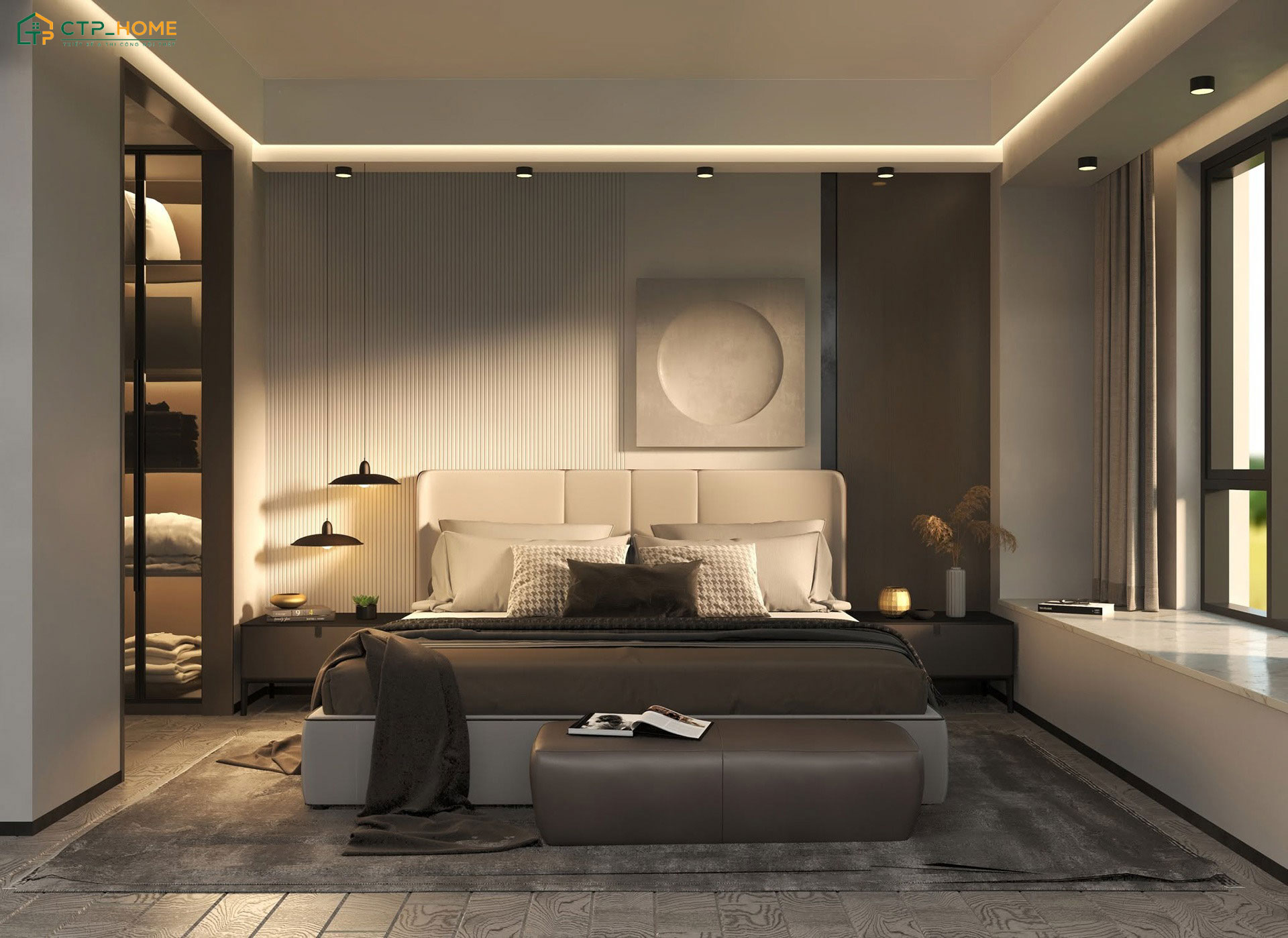 Mẫu trang trí nội thất phòng ngủ 25m2 với thiết kế hiện đại, sang trọng có phòng thay đồ riêng