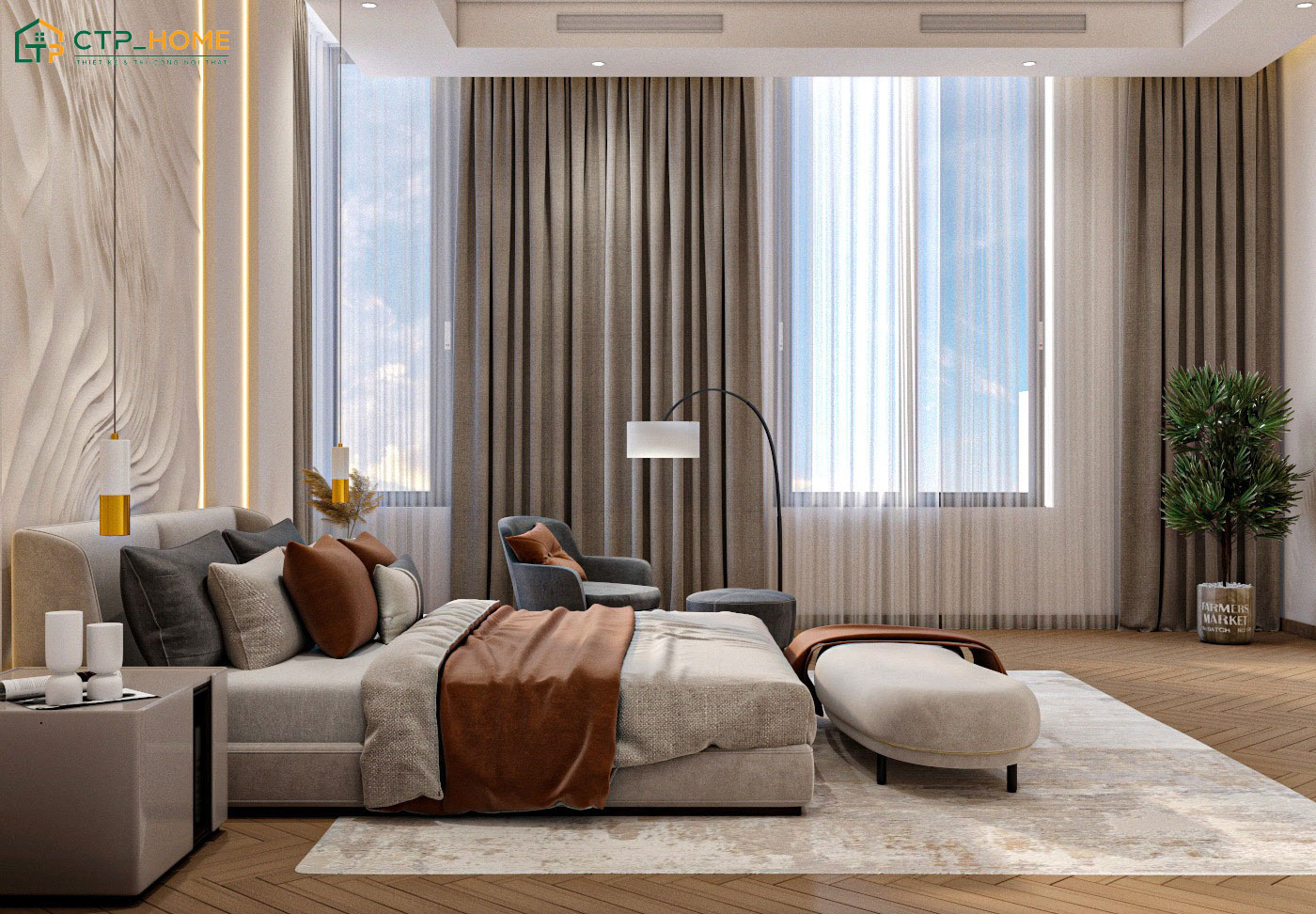 Mẫu phòng ngủ đơn giản đẹp với rèm cửa 2 lớp giúp tối ưu ánh sáng và đảm bảo sự riêng tư