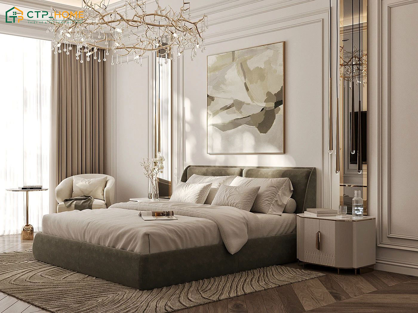 Tạo điểm nhấn cho mẫu phòng ngủ đẹp bằng đèn chùm hoặc những bức tranh độc đáo