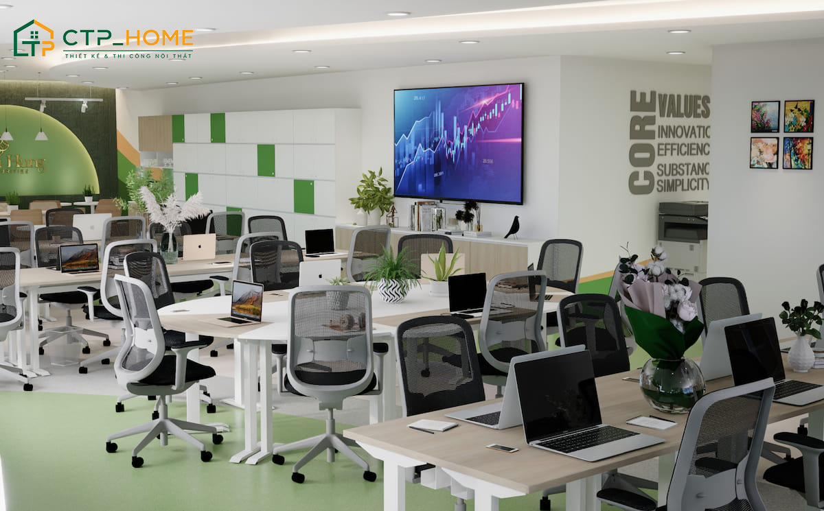 Mẫu thiết kế nội thất văn phòng làm việc cho nhân viên với module bàn làm việc và ghế công thái học
