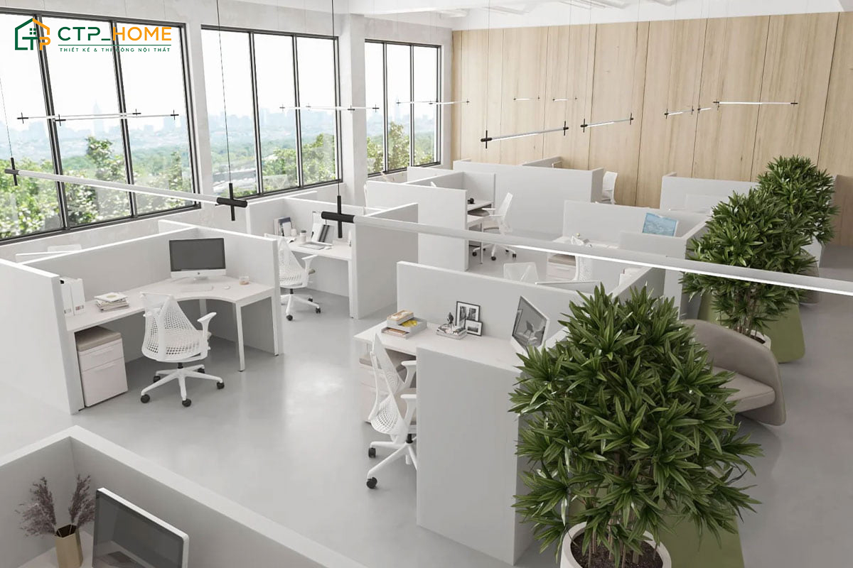 Thiết kế văn phòng không gian mở giúp tăng sự tương tác và kết nối giữa các phòng ban