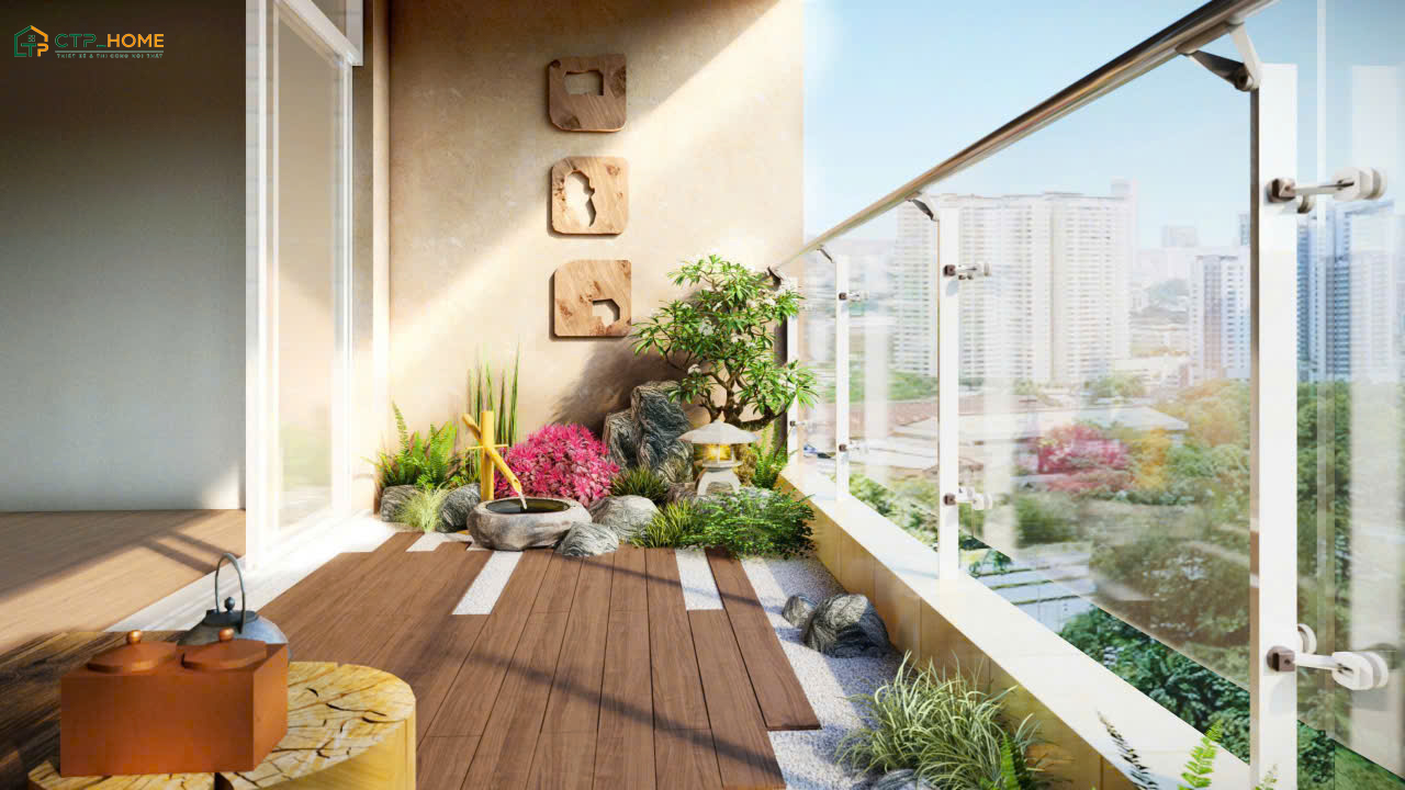 Mẫu trang trí ban công chung cư nhỏ bằng hòn non bộ giúp tạo cảm giác gần gũi hơn với thiên nhiên