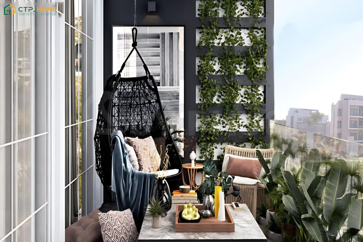 Mẫu ban công đẹp chung cư phong cách Bohemian sẽ ưu tiên các chất liệu từ tự nhiên như mây, tre, gỗ,...