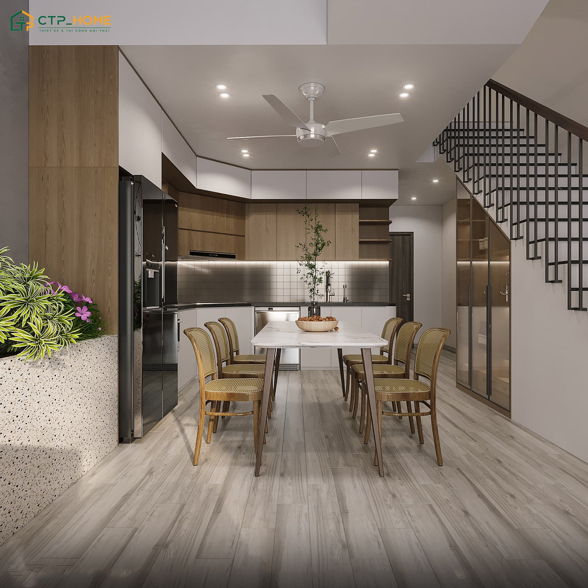 Mẫu phòng bếp nhà phố kết hợp với phòng ăn giúp mang đến cảm giác rộng rãi và thông thoáng hơn