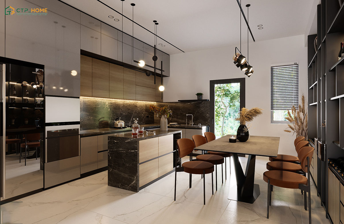 Nội thất phòng bếp kết hợp với phòng ăn cần có sự đồng bộ với nhau để đảm bảo tính thẩm mỹ