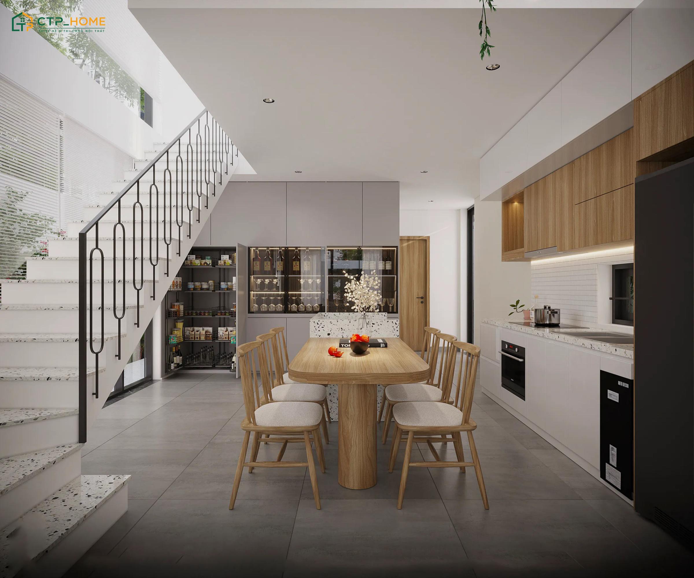 Mẫu phòng bếp nhà ống hiện đại nổi bật với vẻ đẹp gọn gàng, thanh thoát