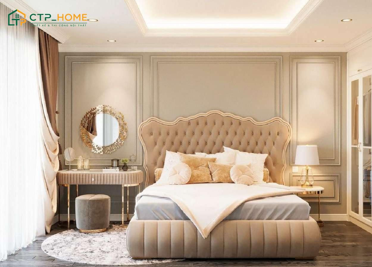 Mẫu thiết kế nội thất phòng ngủ chung cư phong cách tân cổ điển với các chi tiết trang trí vừa phải