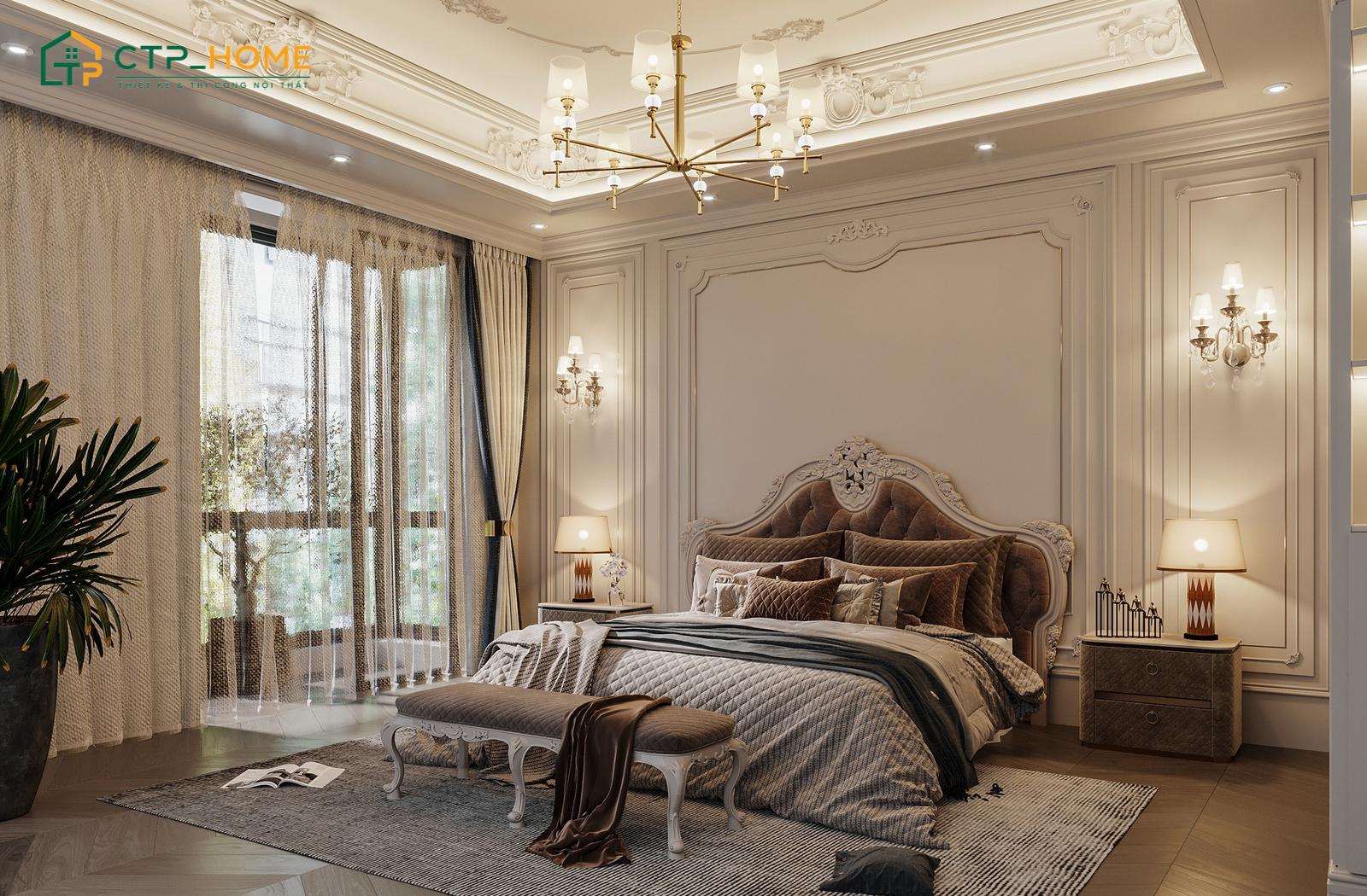 Mẫu thiết kế nội thất phòng ngủ chung cư cổ điển với nội thất chạm khắc tỉ mỉ và tone màu trầm sang trọng