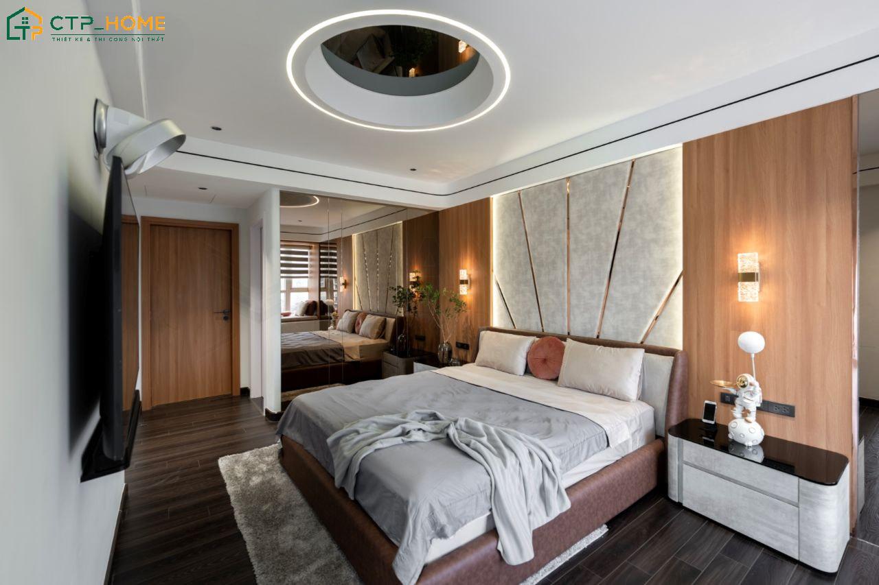 Hệ thống tủ kệ và giường ngủ được thi công đồng bộ với tổng thể không gian