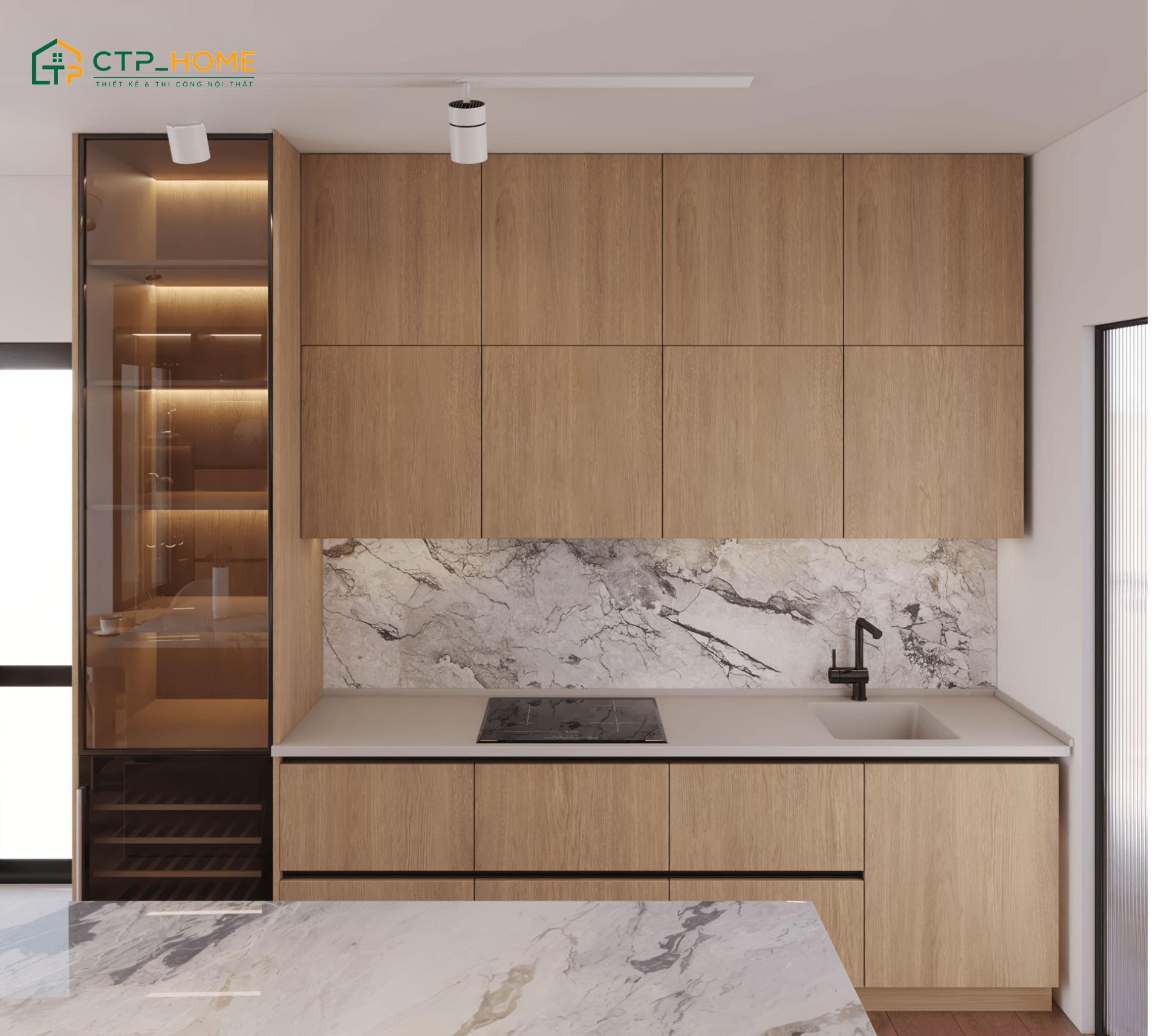 Mẫu phòng bếp chung cư sử dụng hệ tủ 2 tầng giúp không gian trở nên gọn gàng hơn