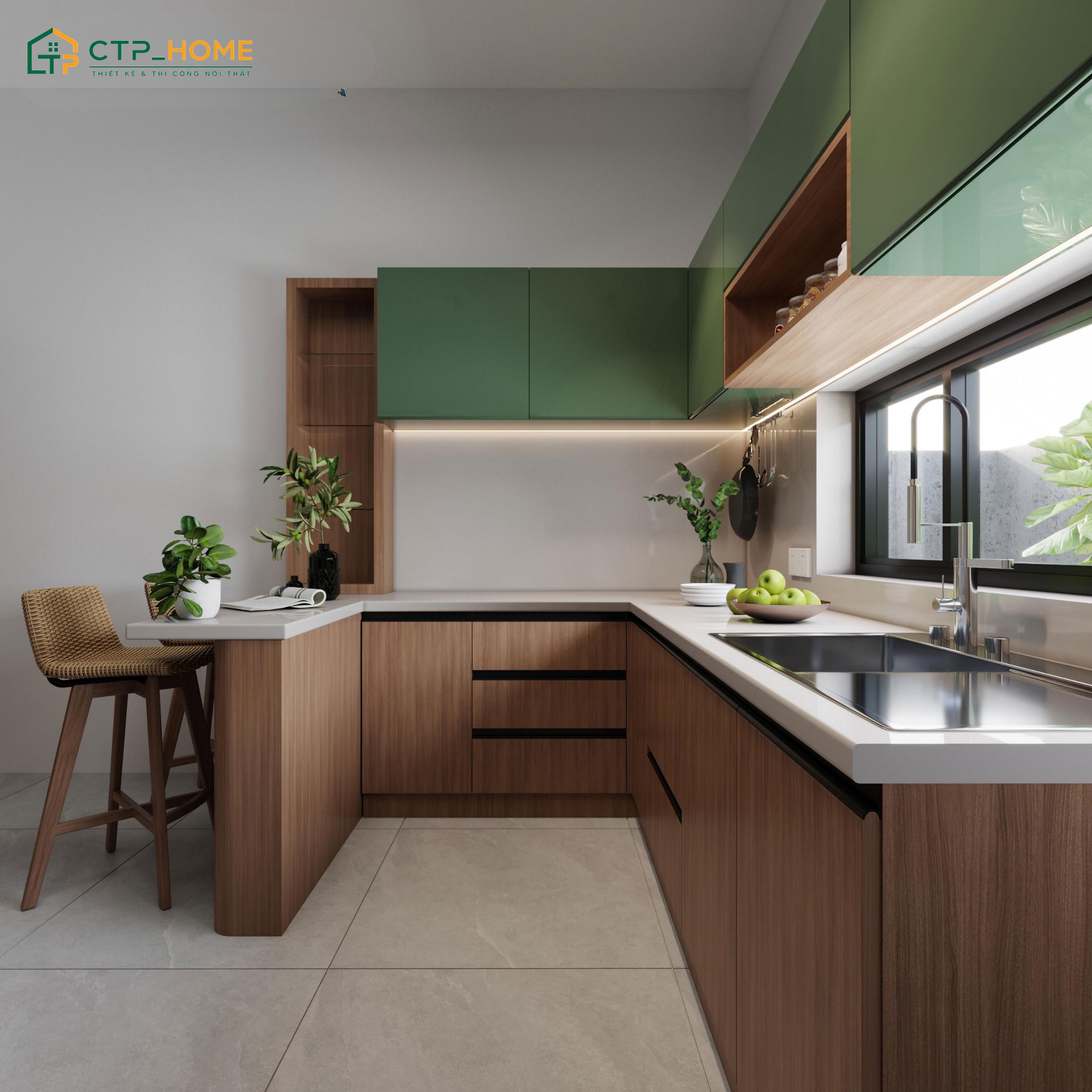 Mẫu thiết kế bếp sang trọng, hiện đại với tone màu trắng cho căn hộ chung cư