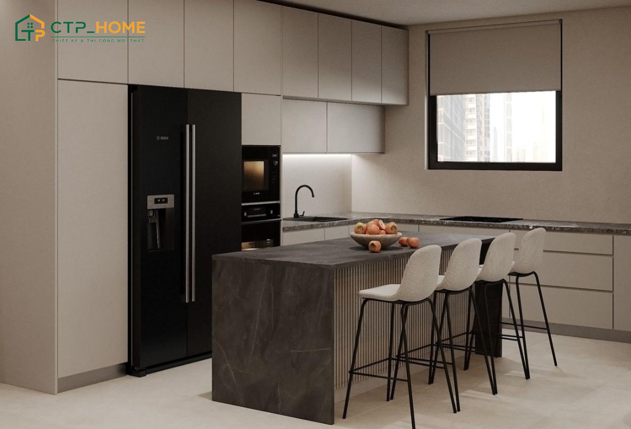 Mẫu thiết kế bếp chung cư hiện đại có quầy bar rộng rãi và sang trọng