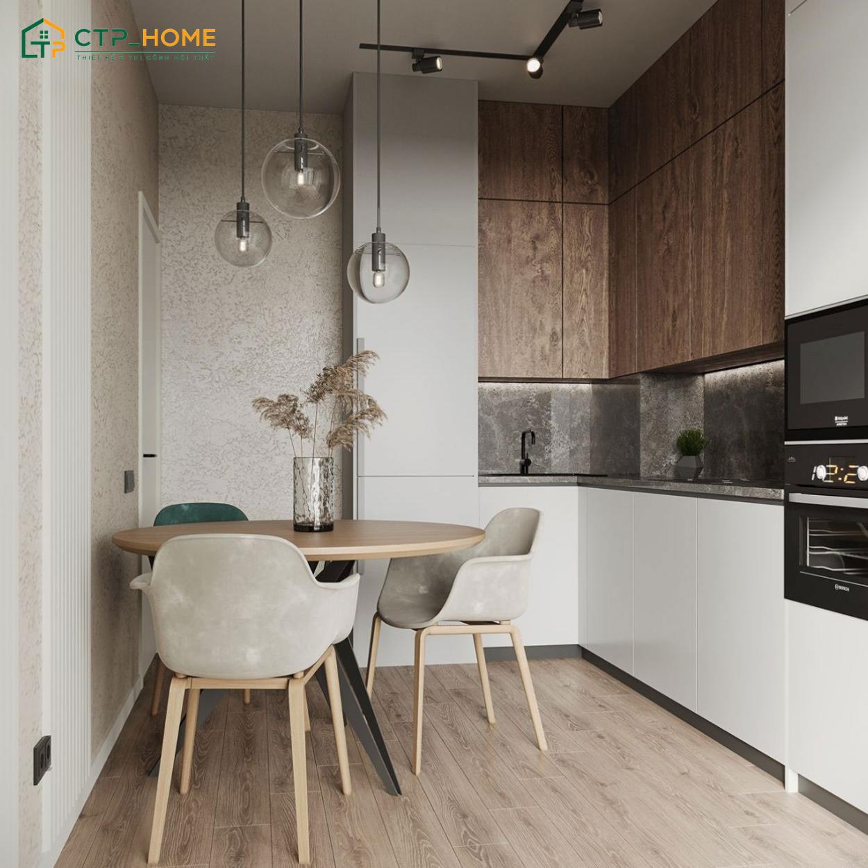 Mẫu thiết kế nội thất phòng bếp chung cư 1 phòng ngủ đơn giản, nhỏ gọn mà vẫn rất tiện nghi