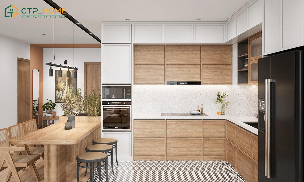 Mẫu thiết kế bếp chung cư 2 phòng ngủ với đầy đủ các tiện nghi cơ bản