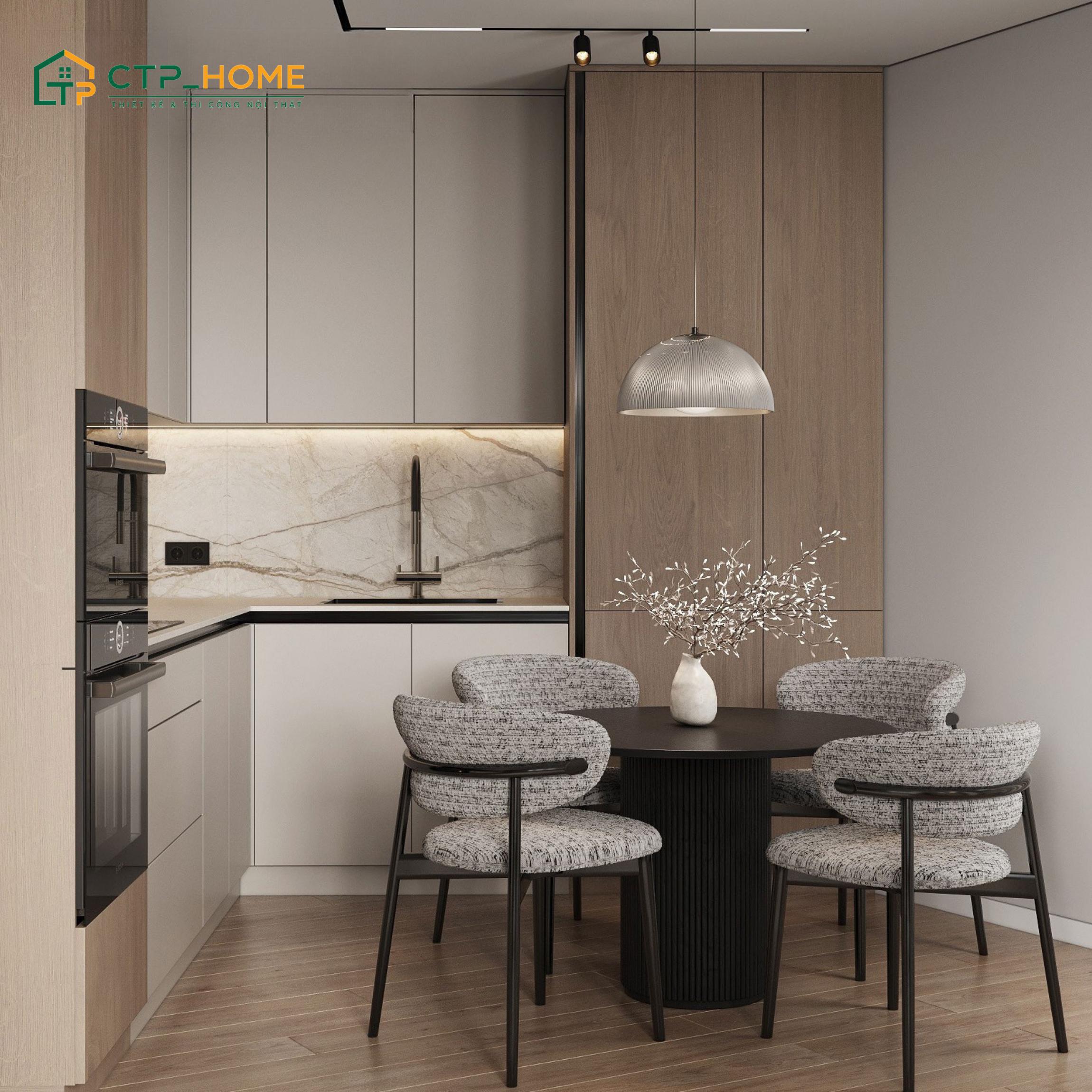Mẫu thiết kế bếp chung cư đơn giản theo hướng mở giúp tăng diện tích sử dụng
