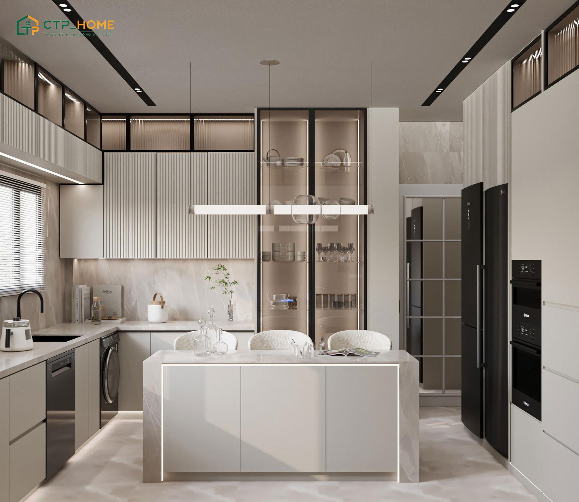 Mẫu thiết kế bếp hình chữ L cao cấp với cách phối màu nhẹ nhàng cho căn hộ chung cư