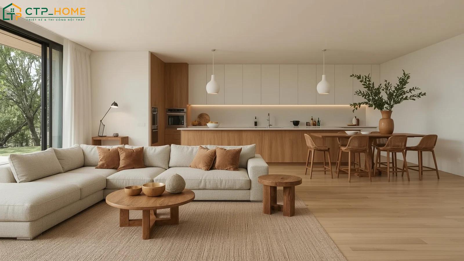 Mẫu thiết kế nội thất nhà biệt thự Japandi sẽ sử dụng vật liệu tự nhiên gần gũi