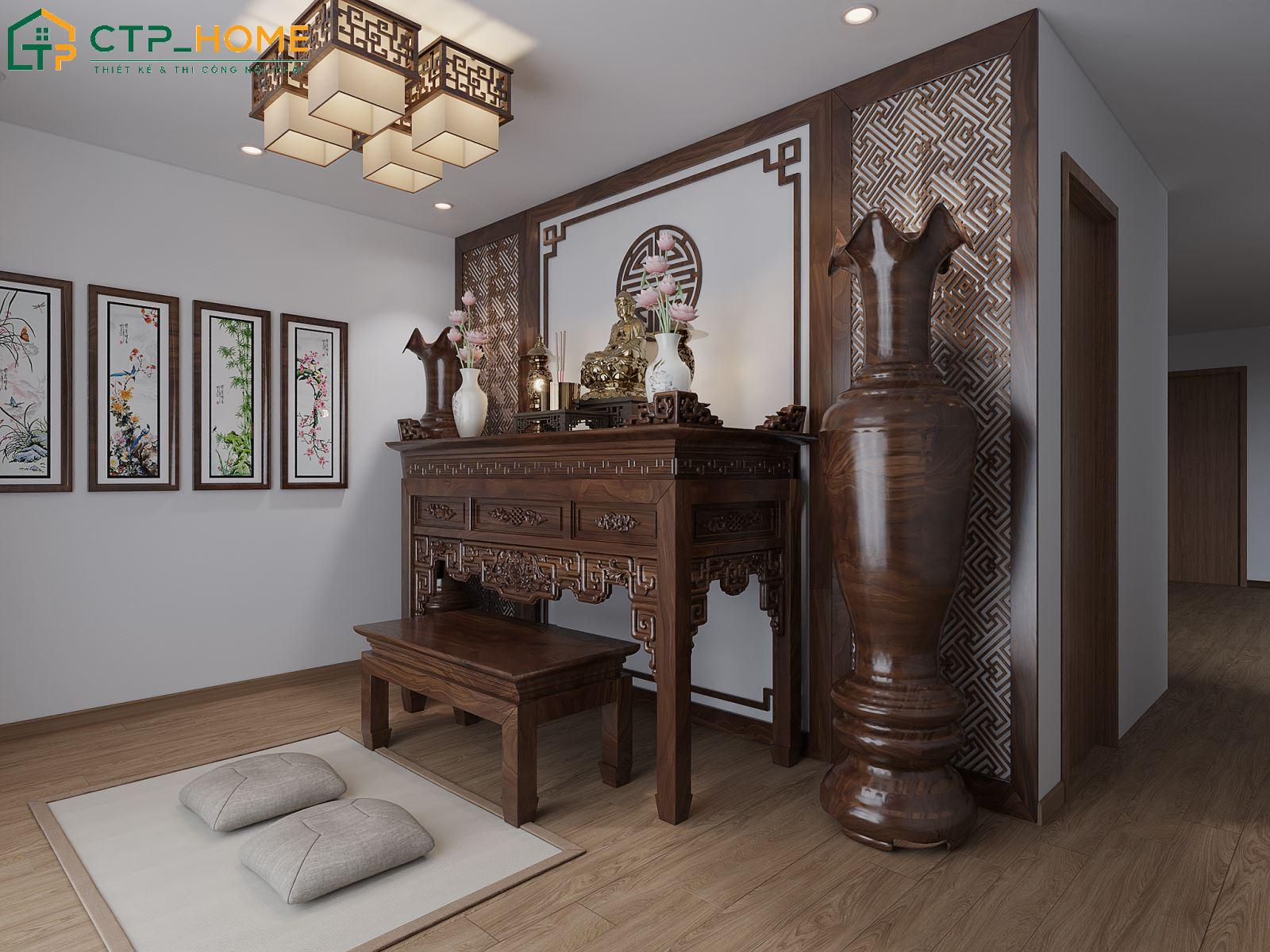 Mẫu thiết kế nội thất phòng thờ trang nghiêm và lịch sự dành cho biệt thự