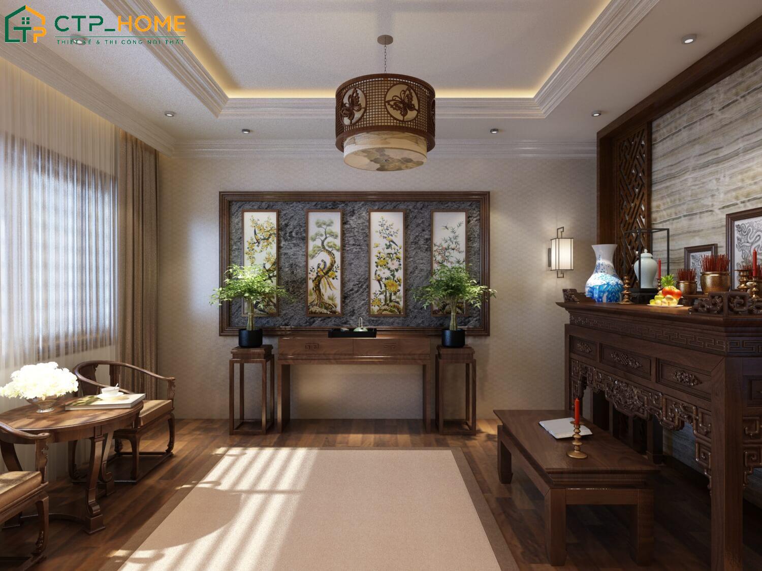Không gian phòng thờ được bố trí nội thất trang trọng, mang đậm nét truyền thống