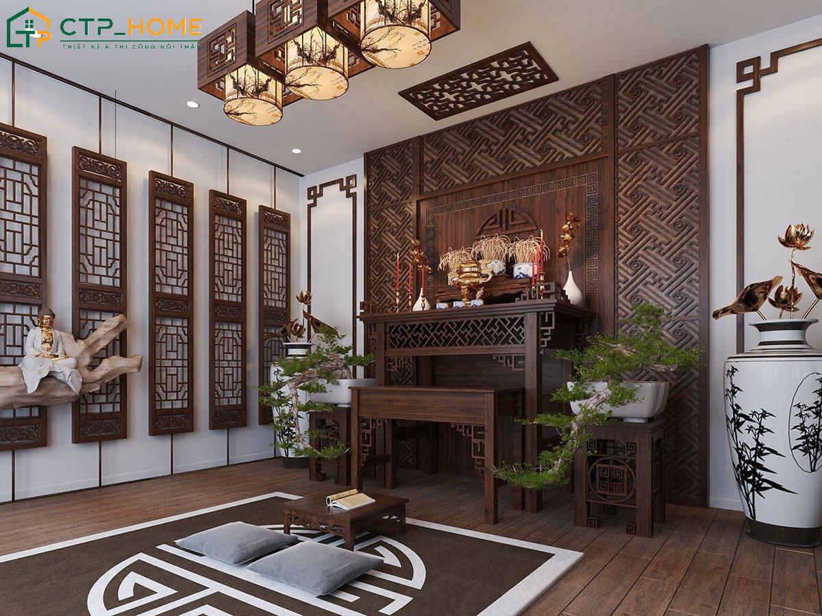 Mẫu phòng thờ được thiết kế tinh tế, hài hòa với tổng thể không gian biệt thự