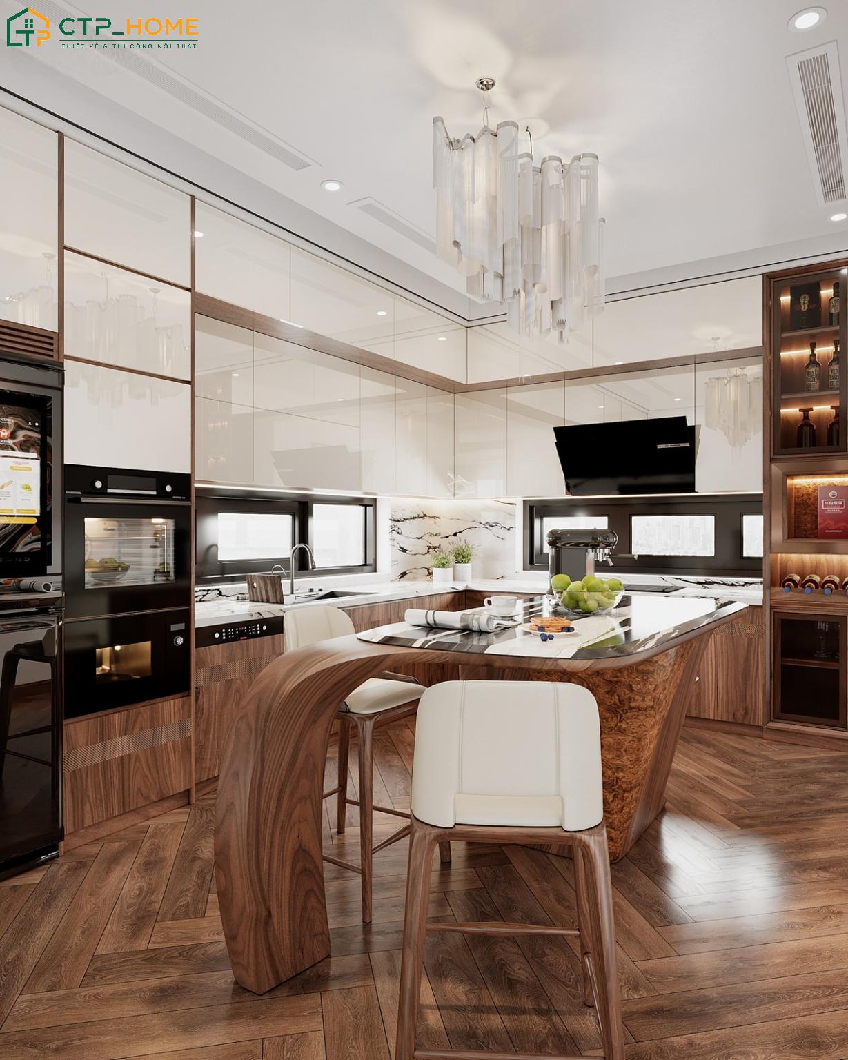Bàn đảo bếp bằng gỗ cao cấp kết hợp mặt đá nhân tạo với kiểu dáng độc đáo