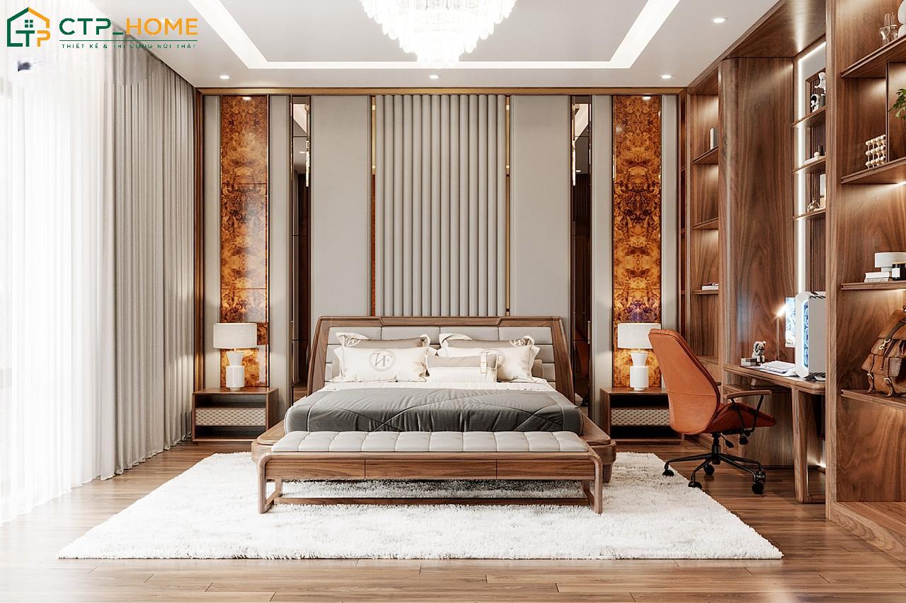 Không gian phòng ngủ phụ thu hút với các chi tiết trang trí, ốp đá sang trọng