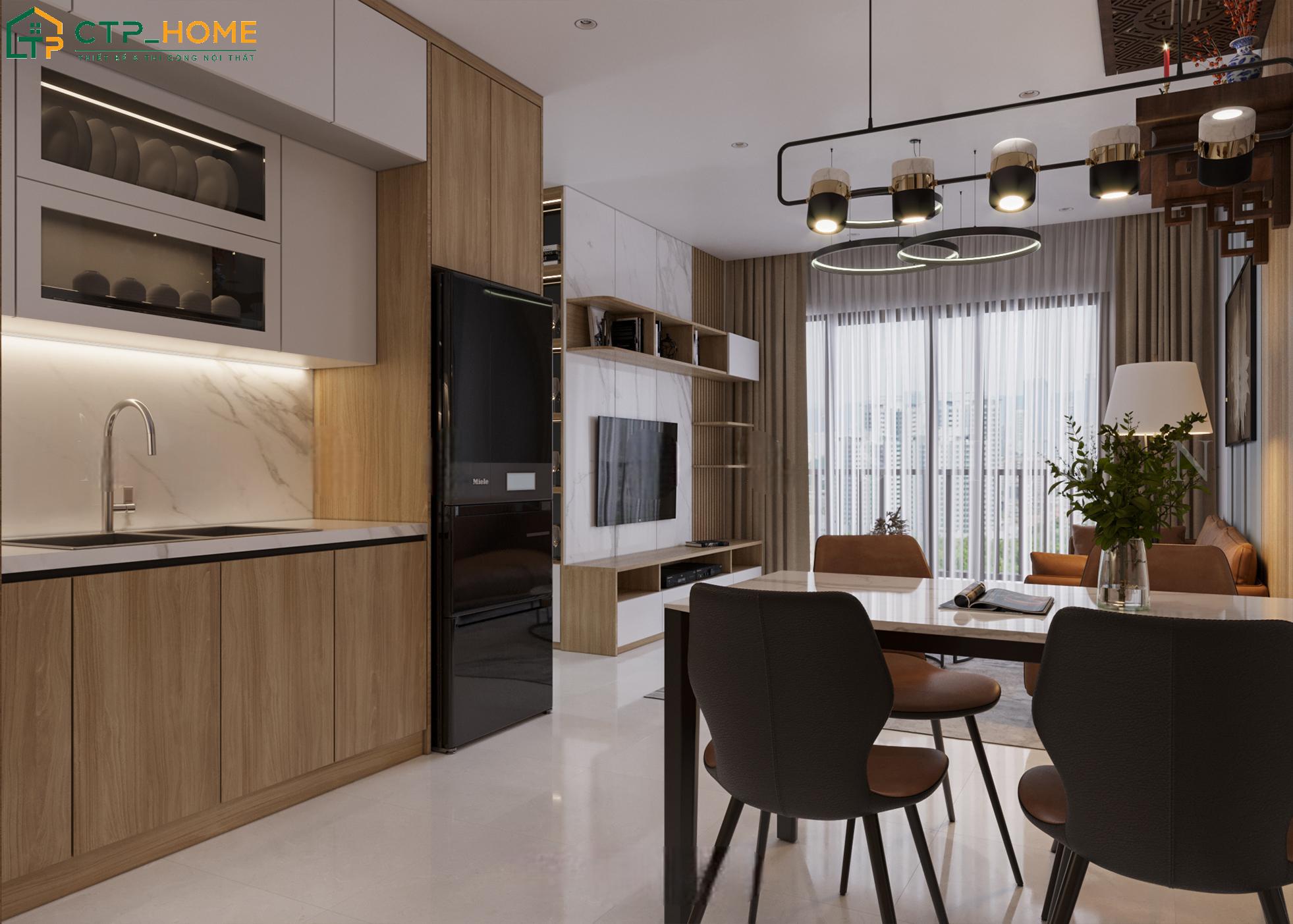 Mẫu phòng bếp chung cư 1 phòng ngủ gọn gàng với hệ tủ bếp hình chữ I tối ưu không gian