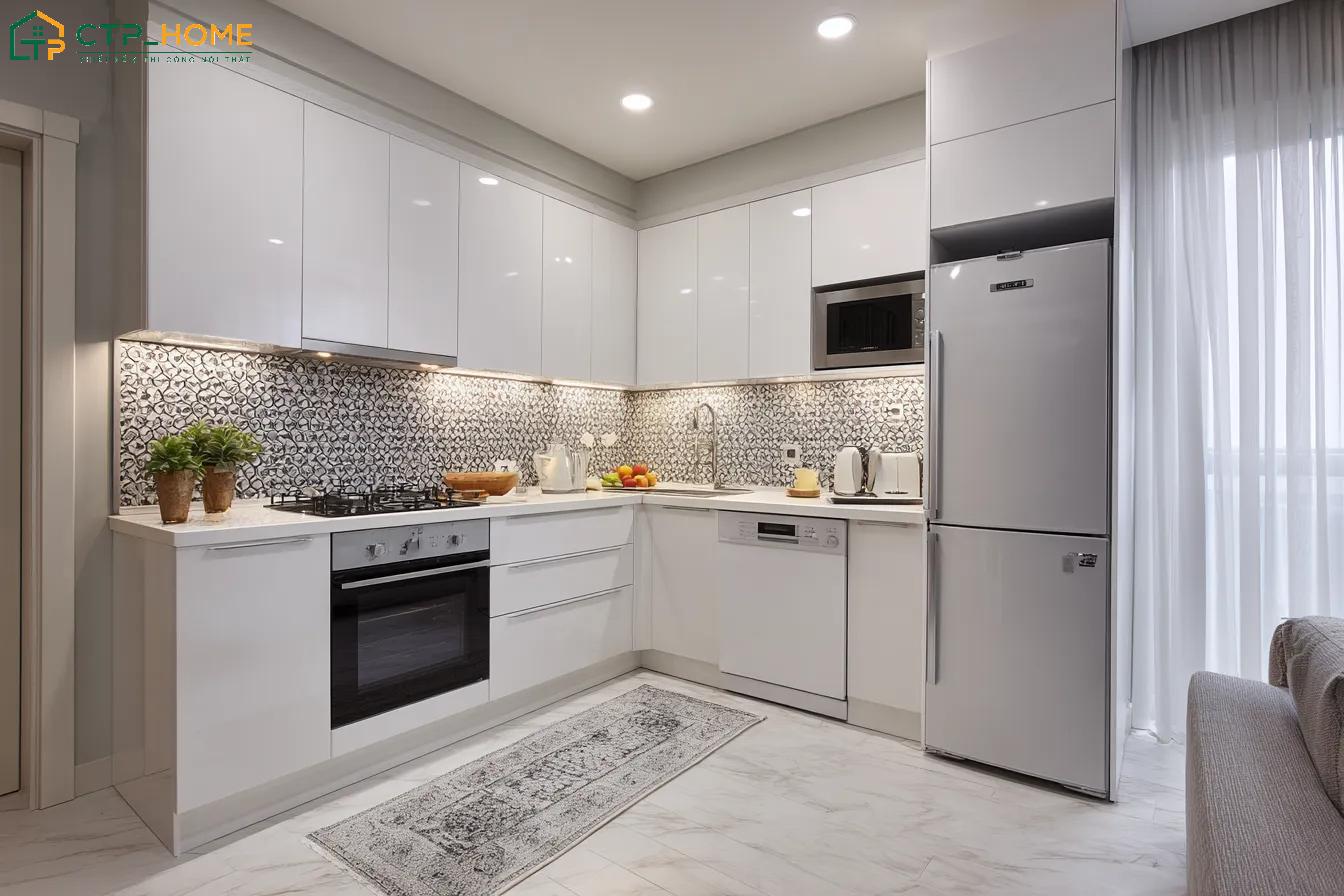 Mẫu thiết kế nội thất chung cư 1 phòng ngủ với tủ bếp hình chữ L giúp tăng không gian lưu trữ