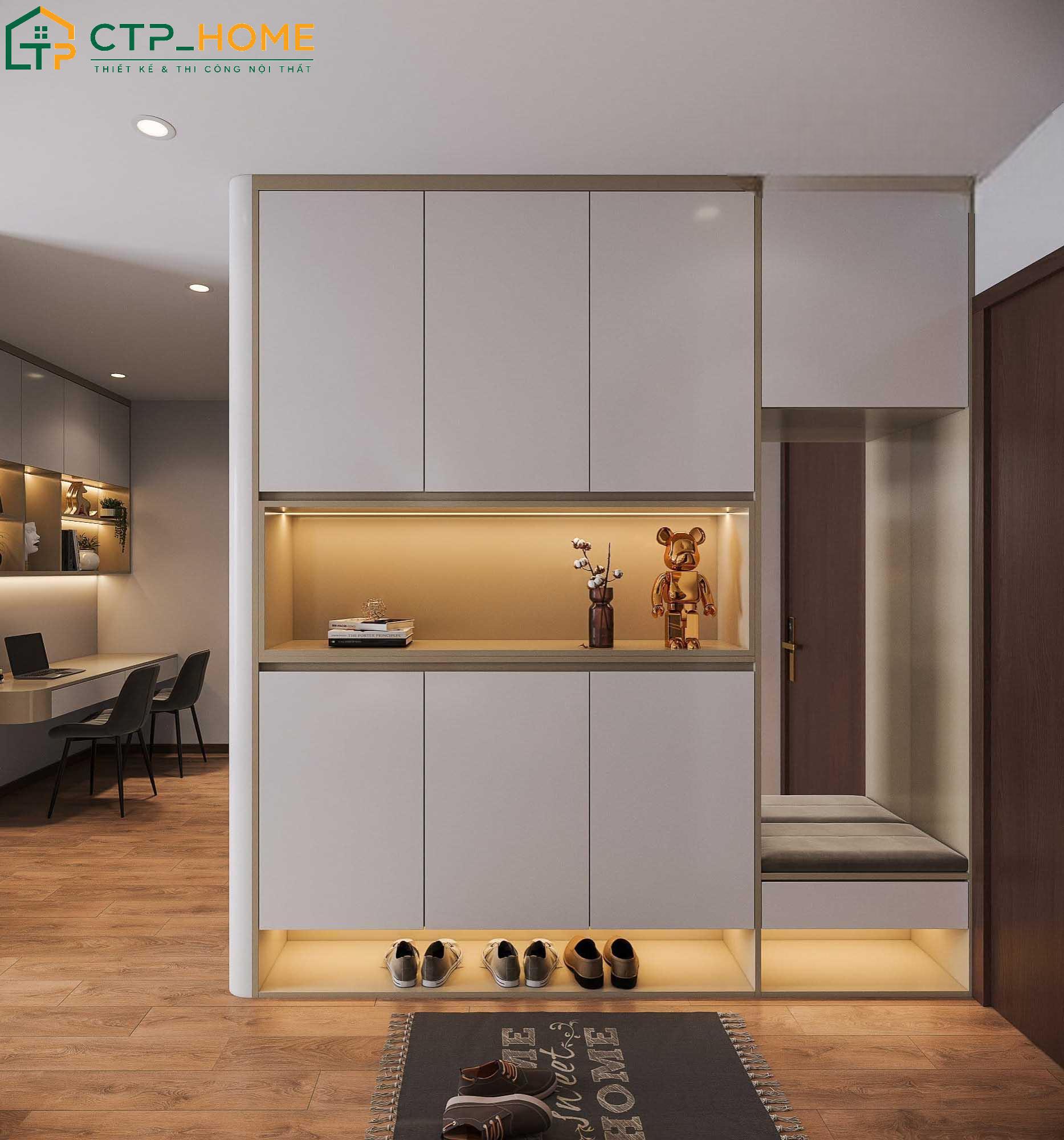 Mẫu thiết kế căn hộ 1 phòng ngủ 40m2 với tủ giày đa năng đặt cạnh cửa ra vào