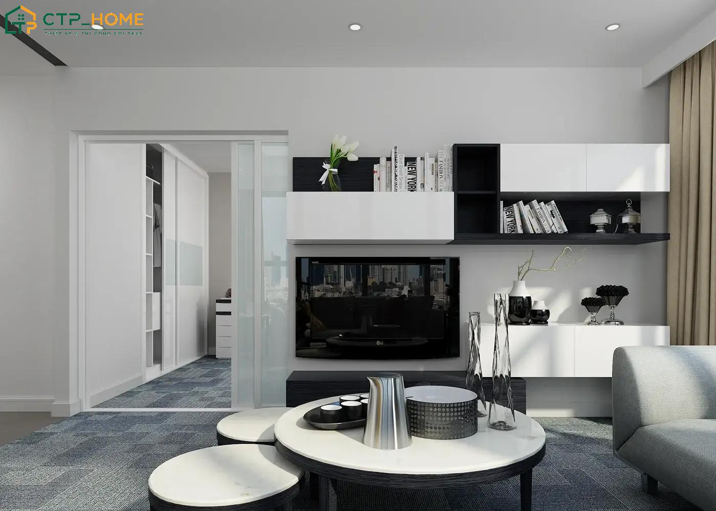 Mẫu căn hộ chung cư 1 phòng ngủ 50m2 thu hút bởi phong cách nội thất trắng đen chủ đạo