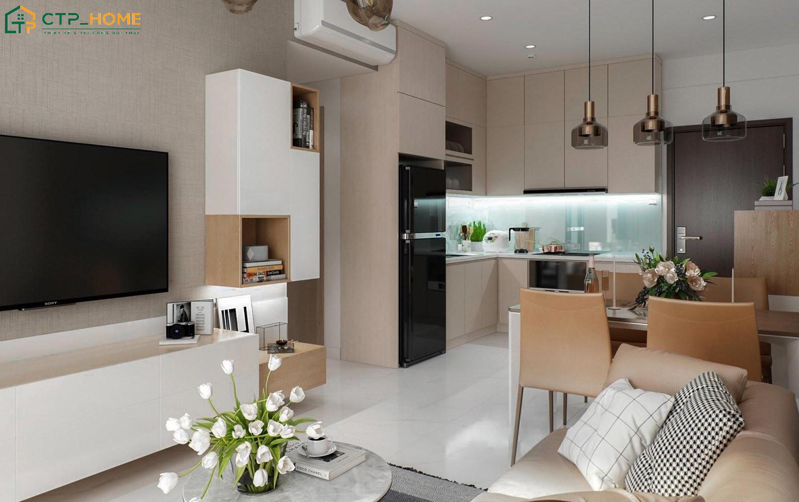 Mẫu thiết kế nội thất chung cư 1 phòng ngủ hiện đại sử dụng tủ tivi treo tường kết hợp sofa màu nâu