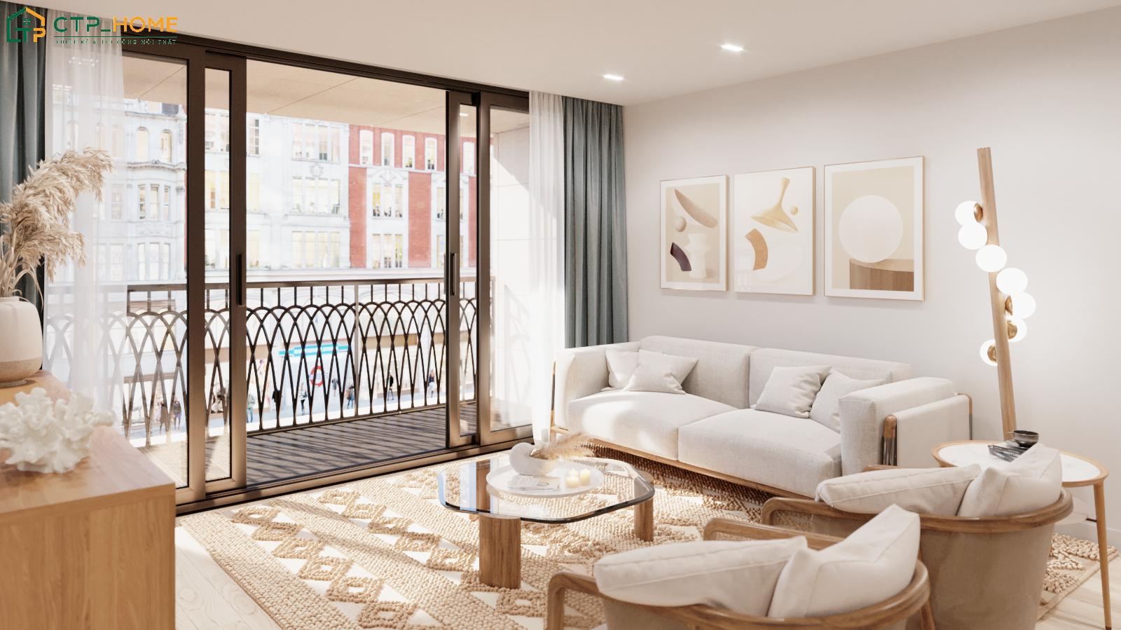 Sử dụng ghế sofa chân gỗ cùng thảm lông họa tiết hình học giúp tạo điểm nhấn cho toàn bộ không gian